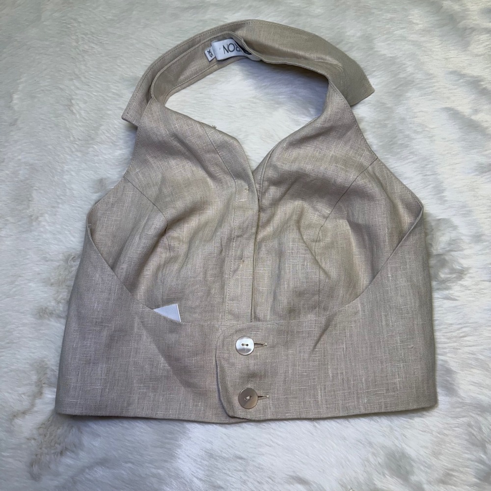 Hevron Tan Linen Halter Crop Top Collared Button Down Waistcoat Vest Womens XS - Picture 3 of 4